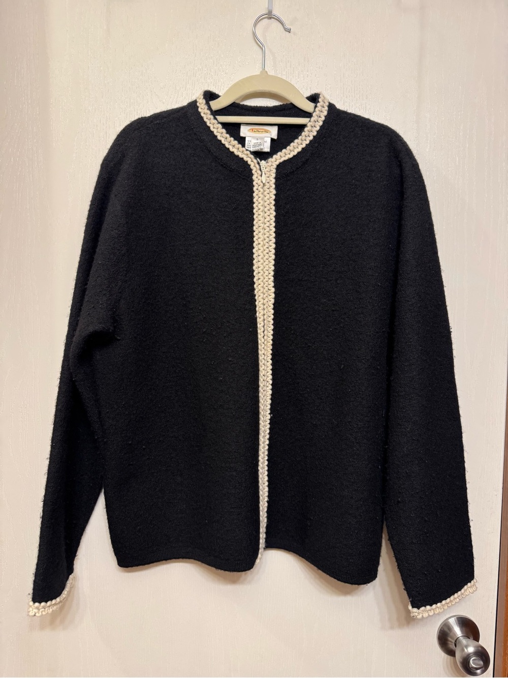 Vintage Talbots 100% Wool Black Ivory Zip Cardigan Sweater L